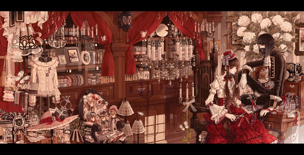 Anime picture 2222x1140 with original hamondo long hair blush fringe highres short hair brown hair wide image sitting holding brown eyes looking away bent knee (knees) indoors blunt bangs arm support couple letterboxed looking up