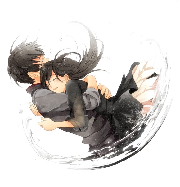 Anime picture 1300x1345 with original shirataki nako tall image short hair open mouth black hair simple background white background eyes closed couple hug girl dress boy