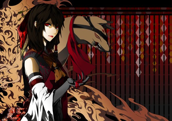 Anime picture 1228x868 with touhou hakurei reimu 32 (mayama) long hair black hair red eyes alternate costume girl gloves bow hair bow detached sleeves elbow gloves bell jewelry ascot monster scroll