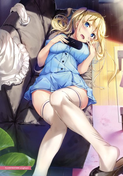 Anime picture 2106x3000 with blend s a-1 pictures hinata kaho wingheart single long hair tall image looking at viewer blush highres breasts open mouth blue eyes light erotic blonde hair large breasts twintails indoors lying head tilt