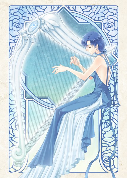 Anime picture 600x839 with bishoujo senshi sailor moon toei animation mizuno ami princess mercury nickii25 single tall image short hair smile sitting bare shoulders blue hair eyes closed profile sleeveless floral print bare back playing instrument music girl