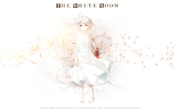 Anime picture 1920x1200 with white clarity rino (white clarity) akarix single highres short hair simple background red eyes wide image white background signed silver hair ahoge barefoot wallpaper girl dress sundress