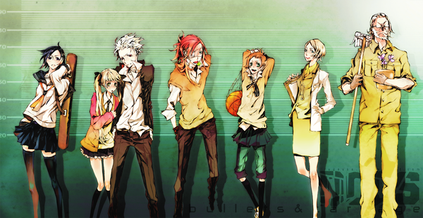 Anime picture 2000x1036 with dogs: bullets & carnage david production haine rammsteiner fuyumine naoto badou nails nill mihai mihaeroff mimi long hair highres short hair black hair blonde hair wide image twintails white hair red hair group girl boy