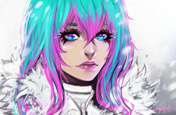 Anime picture 1043x680 with original enijoi single long hair looking at viewer fringe blue eyes hair between eyes pink hair multicolored hair lips aqua hair fur trim lipstick snowing winter close-up snow face makeup