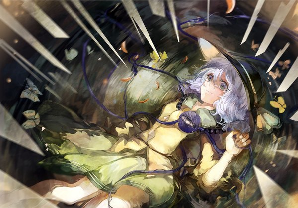 Anime picture 1285x897 with touhou komeiji koishi vima single short hair blue eyes white hair girl dress hat petals water insect butterfly eyepatch