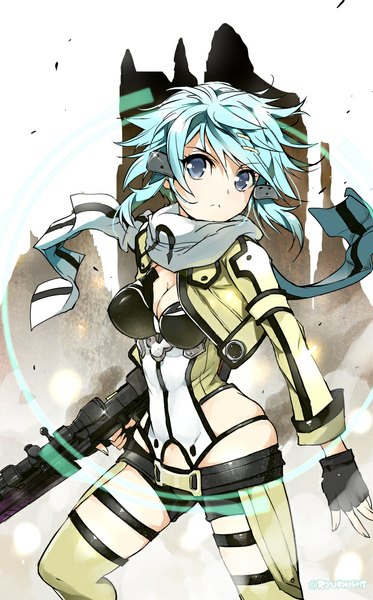 Anime picture 702x1127 with sword art online a-1 pictures asada shino ryu naitou single long hair tall image looking at viewer blue eyes aqua hair girl gloves weapon black gloves scarf fingerless gloves gun bodysuit sniper rifle