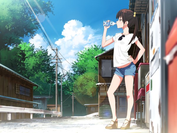 Anime picture 1600x1200 with original pocari sweat domo1220 single long hair blush fringe brown hair standing holding brown eyes looking away sky cloud (clouds) bent knee (knees) outdoors ponytail profile arm up sunlight