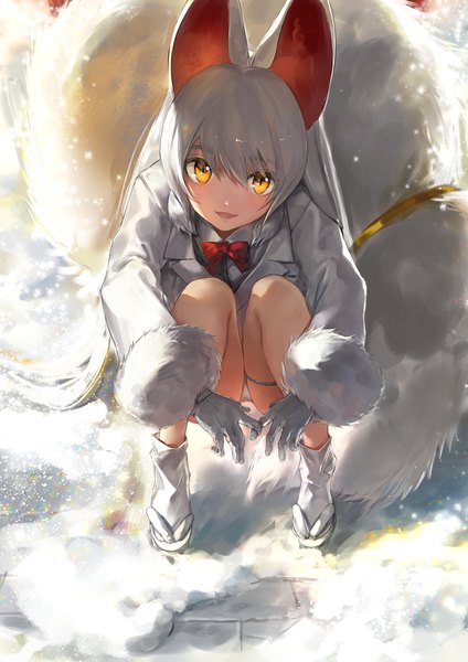 Anime picture 2894x4093 with kemono friends oinari-sama (kemono friends) hoojiro single tall image looking at viewer blush fringe highres open mouth light erotic hair between eyes animal ears yellow eyes bent knee (knees) outdoors tail very long hair long sleeves head tilt