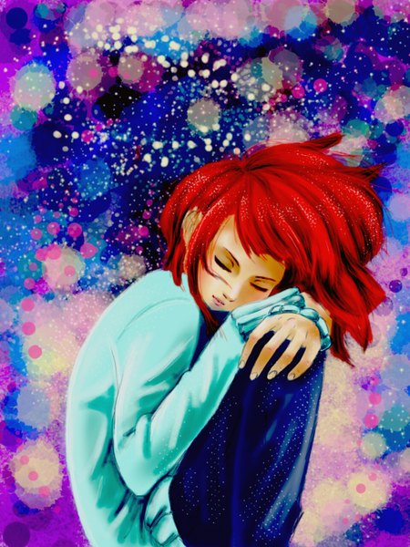 Anime picture 4000x5334 with original nate audley single tall image fringe highres short hair sitting absurdres red hair eyes closed long sleeves light smile sleeping multicolored girl pants splashes