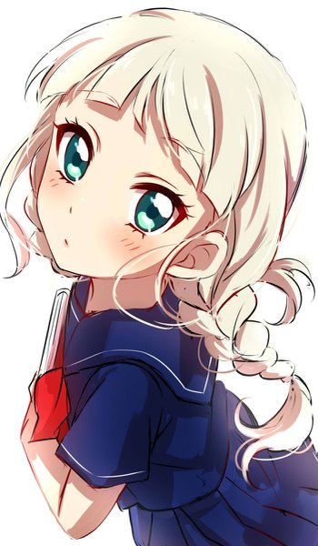 Anime picture 701x1200 with aikatsu! toudou yurika sekina single long hair tall image looking at viewer blush fringe simple background white background holding green eyes braid (braids) pleated skirt from above :o short sleeves twin braids hand on chest