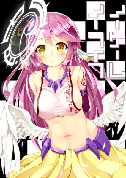 Anime picture 2480x3507 with no game no life madhouse jibril (no game no life) kasappi single long hair tall image looking at viewer blush fringe highres breasts light erotic smile large breasts yellow eyes pink hair no bra midriff white wings