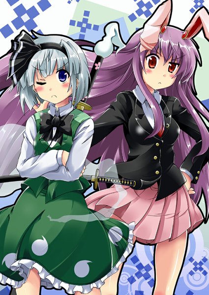 Anime picture 708x1000 with touhou konpaku youmu reisen udongein inaba train 90 long hair tall image blush short hair blue eyes red eyes multiple girls animal ears silver hair purple hair pleated skirt one eye closed wink bunny ears crossed arms hands on hips