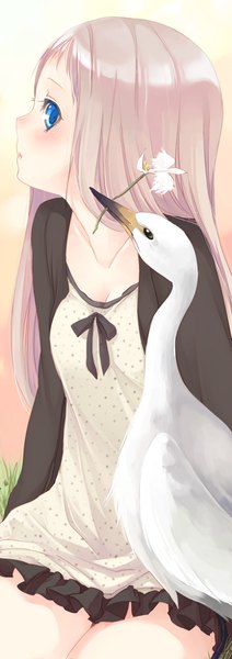 Anime picture 424x1200 with itou nanami single long hair tall image looking at viewer blush blue eyes blonde hair sitting holding looking away looking back mouth hold girl flower (flowers) animal frills bird (birds) beak