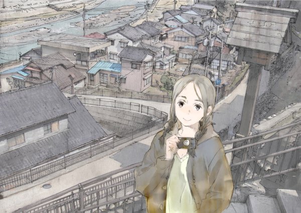 Anime picture 1323x935 with original humi (artist) single long hair looking at viewer blue eyes smile brown hair braid (braids) twin braids city cityscape river girl coat stairs house camera power lines