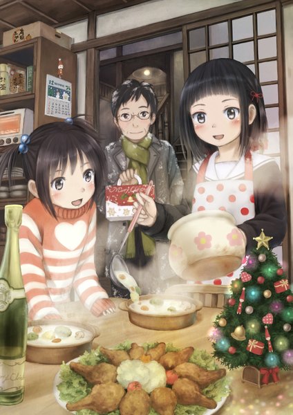 Anime picture 1191x1684 with original taka (tsmix) tall image blush short hair open mouth black hair twintails multiple girls light smile christmas snow steam merry christmas family girl boy 2 girls glasses food
