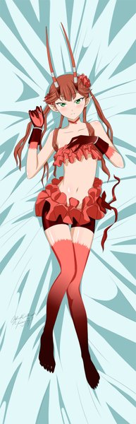 Anime picture 600x1856 with c: the money of soul and possibility control mashu (c) kimmy77 single long hair tall image blush light erotic smile brown hair green eyes full body lying horn (horns) pointy ears midriff on back dakimakura (medium) oni horns naughty face