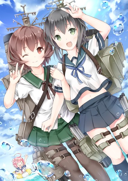 Anime picture 627x885 with kantai collection fubuki destroyer i-58 submarine mutsuki destroyer wataame27 tall image looking at viewer blush fringe short hair open mouth black hair red eyes brown hair multiple girls green eyes pink hair sky cloud (clouds) ahoge