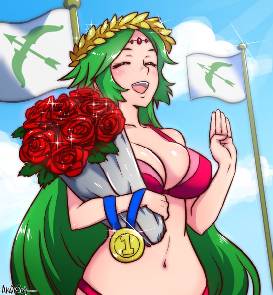 Anime picture 1208x1305 with kid icarus palutena akairiot single long hair tall image blush open mouth light erotic eyes closed green hair girl flower (flowers) swimsuit bikini rose (roses) bouquet medal
