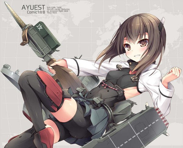Anime picture 800x649 with kantai collection taihou armored aircraft carrier bankoku ayuya single long hair looking at viewer blush fringe light erotic brown hair holding brown eyes bent knee (knees) parted lips head tilt pleated skirt light smile inscription grey background teeth
