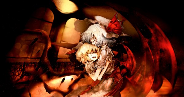 Anime picture 2072x1102 with touhou flandre scarlet remilia scarlet yoshioka yoshiko fringe highres short hair open mouth blonde hair wide image multiple girls eyes closed grey hair hug siblings demon wings sisters screaming girl dress