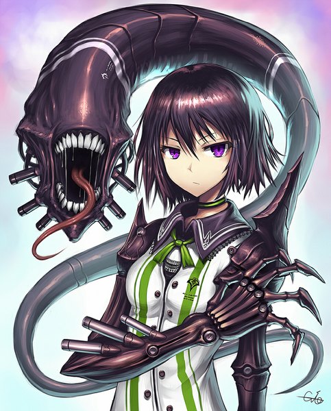 Anime picture 900x1116 with original gia single tall image looking at viewer fringe short hair open mouth brown hair white background purple eyes signed teeth alternate costume gradient background portrait saliva mechanical girl choker