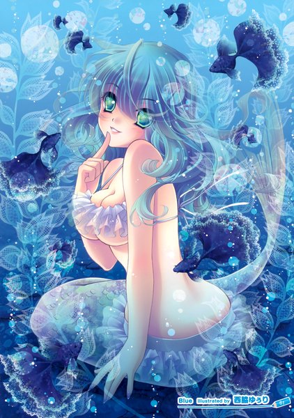 Anime picture 2462x3500 with original nishiwaki yuuri single long hair tall image looking at viewer blush highres light erotic smile blue hair aqua eyes finger to mouth underwater girl bubble (bubbles) fish (fishes) bikini top mermaid