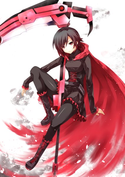 Anime picture 1447x2047 with rwby rooster teeth ruby rose jijii48 single tall image looking at viewer short hair black hair red eyes girl dress weapon boots cape scythe