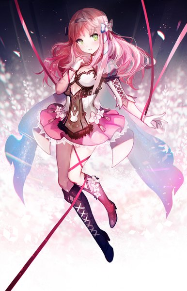 Anime picture 1000x1552 with original juexing (moemoe3345) single long hair tall image looking at viewer blush fringe breasts open mouth smile green eyes pink hair cleavage bent knee (knees) head tilt pleated skirt hair flower blurry high heels