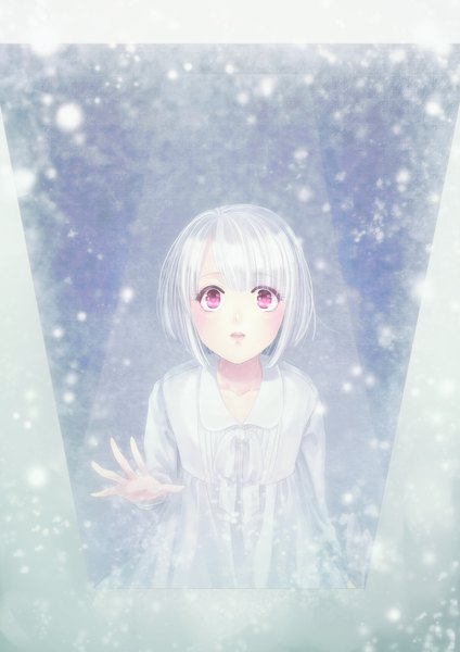 Anime picture 2894x4093 with original shino (syllable) single tall image looking at viewer blush fringe highres short hair open mouth standing white hair pink eyes snowing looking up snow surprised girl window nightie