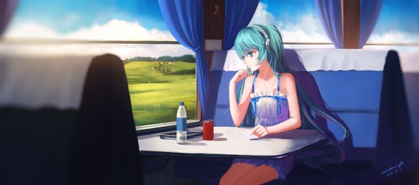 Anime picture 2437x1080 with vocaloid hatsune miku sombernight single long hair highres wide image sitting looking away aqua eyes aqua hair train interior girl dress headphones sundress