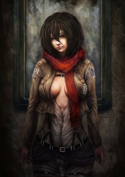 Anime picture 3508x4961 with shingeki no kyojin production i.g mikasa ackerman kuon (kwonchanji) single tall image looking at viewer highres short hair breasts light erotic black hair absurdres black eyes realistic open clothes open jacket open shirt girl shirt