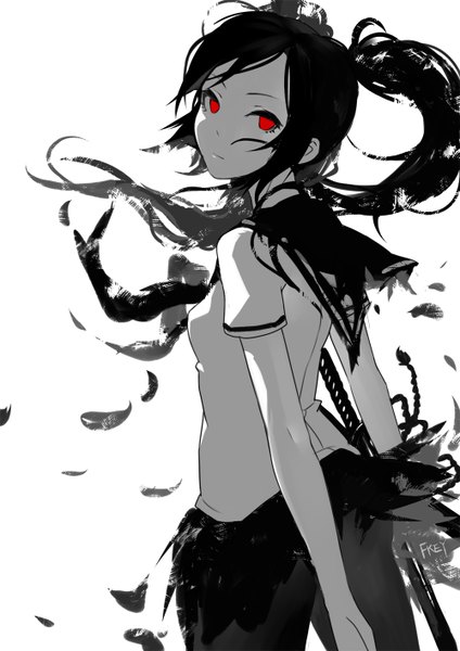 Anime picture 1000x1414 with original fkey single long hair tall image looking at viewer black hair red eyes standing white background twintails signed looking back wind monochrome girl skirt uniform weapon miniskirt