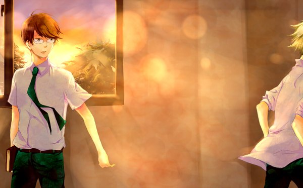 Anime picture 1500x937 with prince of tennis niou masaharu yagyuu hiroshi emumum (artist) short hair blonde hair brown hair wide image ahoge sunlight boy shirt glasses necktie book (books) pants