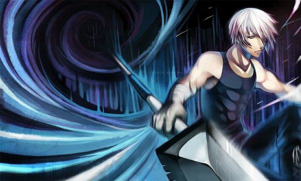 Anime picture 1100x662 with original akirakirai (artist) single short hair blue eyes wide image white hair boy weapon bandage (bandages) huge weapon huge sword