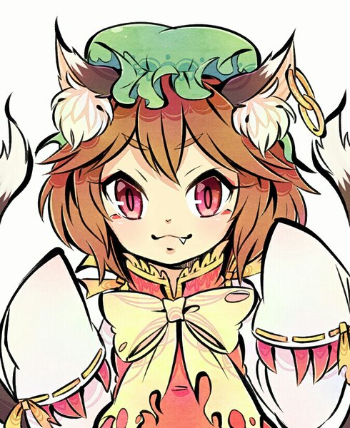 Anime picture 675x826 with touhou chen ibaraki natou single tall image looking at viewer blush fringe short hair smile red eyes brown hair animal ears tail long sleeves animal tail cat ears teeth cat girl cat tail
