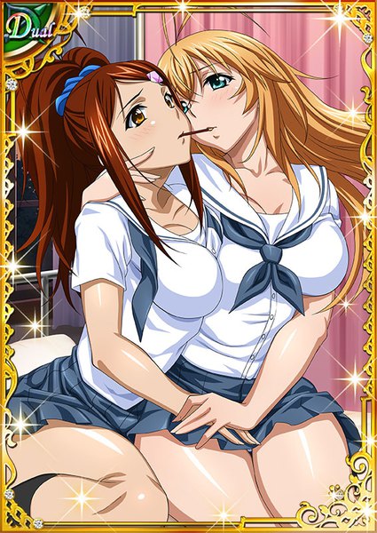 Anime picture 567x800 with ikkitousen sonsaku hakufu bachou mouki long hair tall image blush fringe breasts light erotic blonde hair hair between eyes brown hair large breasts multiple girls holding brown eyes payot looking away ahoge bent knee (knees)