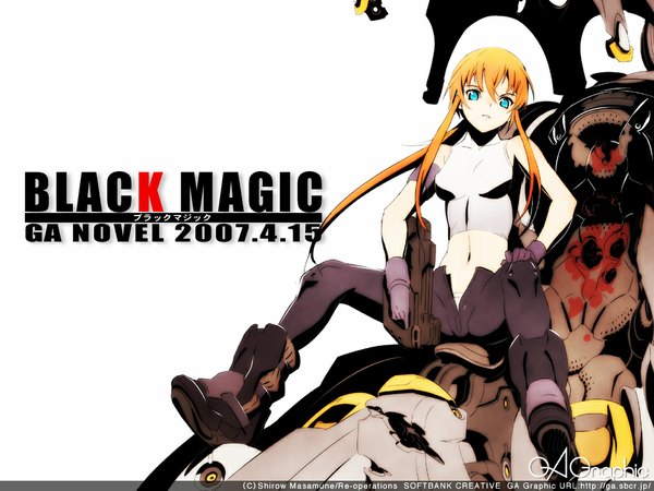 Anime picture 1024x768 with black magic gagraphic tsubaki harusame blue eyes light erotic orange hair wallpaper girl gun