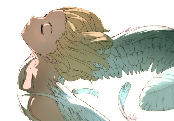 Anime picture 1200x837 with original simeji (artist) short hair blonde hair simple background white background eyes closed light smile face angel wings girl wings feather (feathers)