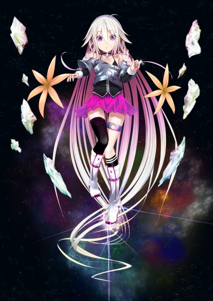 Anime picture 2480x3507 with vocaloid ia (vocaloid) bute (butegram) single long hair tall image looking at viewer fringe highres open mouth purple eyes bare shoulders white hair braid (braids) twin braids dark background surprised constellation milky way girl