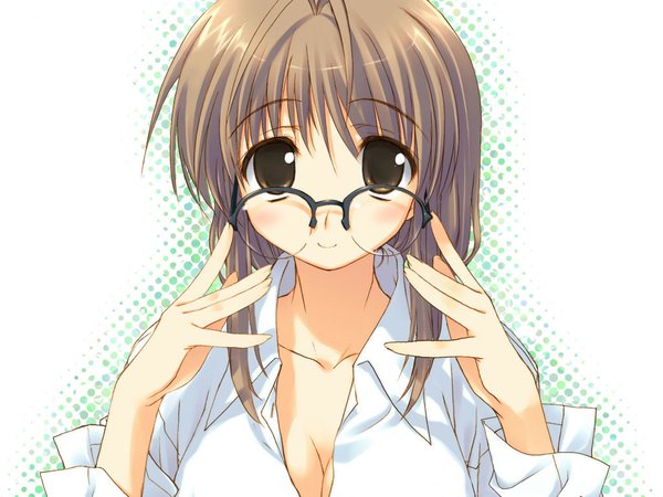 Anime picture 1024x768 with comic party makimura minami single long hair looking at viewer fringe breasts light erotic blonde hair smile brown hair large breasts white background brown eyes cleavage ahoge inscription open shirt adjusting glasses girl