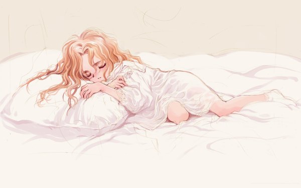 Anime picture 1920x1200 with littlewitch oyari ashito single long hair highres blonde hair wide image sleeping girl socks pillow bed white socks chemise