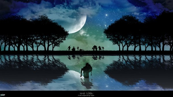 Anime picture 1920x1080 with final fantasy final fantasy vii square enix toyboj highres wide image holding cloud (clouds) inscription night sky reflection landscape scenic silhouette girl boy plant (plants) tree (trees) star (stars) full moon