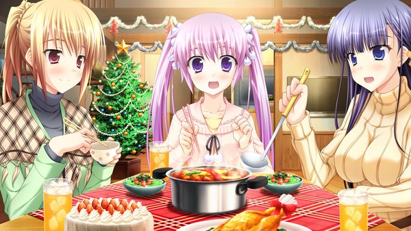 Anime picture 2560x1440 with yaneura no kanojo dp minase (artist) long hair blush highres open mouth blue eyes blonde hair smile red eyes wide image purple eyes twintails multiple girls pink hair game cg purple hair girl food sweets