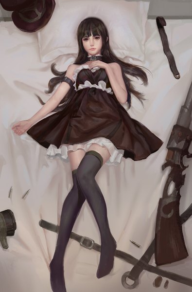 Anime picture 1250x1896 with league of legends caitlyn (league of legends) rabbit (tukenitian) single long hair tall image looking at viewer fringe black hair brown eyes lying lips sleeveless girl thighhighs dress weapon black thighhighs black dress gun