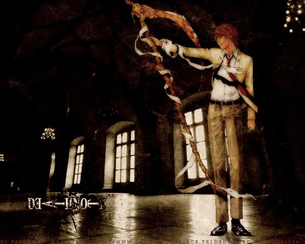 Anime picture 1280x1024 with death note madhouse yagami light single short hair brown hair standing holding signed looking away full body indoors wallpaper copyright name outstretched arm boy weapon shirt necktie white shirt