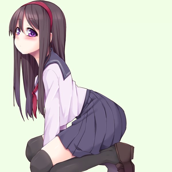 Anime picture 1000x1000 with original fluffy clown single long hair looking at viewer blush fringe black hair simple background sitting purple eyes pleated skirt embarrassed zettai ryouiki kneeling girl thighhighs skirt uniform black thighhighs