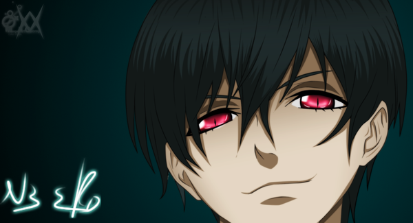 Anime picture 1785x969 with kuroshitsuji a-1 pictures ciel phantomhive n3eko123 single highres short hair black hair simple background smile wide image pink eyes coloring close-up face boy