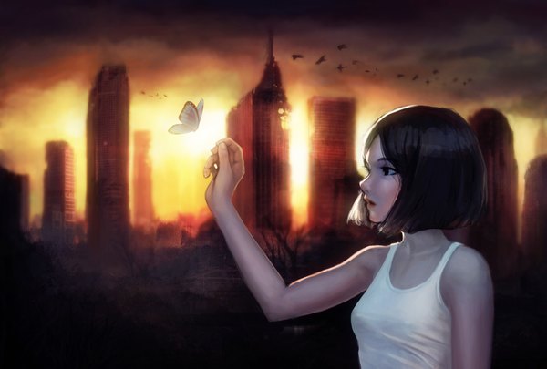 Anime picture 1920x1296 with original jungon single highres short hair open mouth black hair looking away cloud (clouds) upper body profile lips black eyes sunlight shadow sleeveless outstretched arm city evening sunset