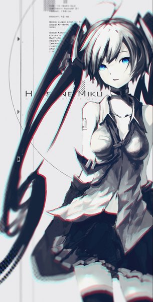 Anime picture 700x1374 with vocaloid hatsune miku openvl single long hair tall image looking at viewer fringe breasts blue eyes standing twintails ahoge long sleeves parted lips pleated skirt wide sleeves zettai ryouiki sleeveless character names