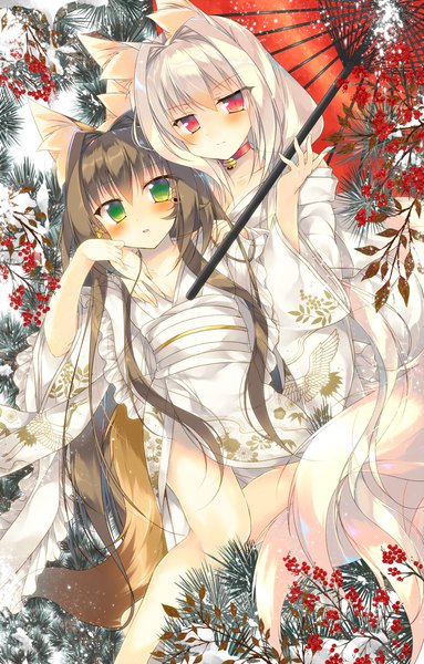 Anime picture 767x1200 with original monaka natsume tall image looking at viewer blush fringe hair between eyes red eyes brown hair bare shoulders multiple girls green eyes animal ears white hair tail traditional clothes parted lips japanese clothes animal tail wide sleeves
